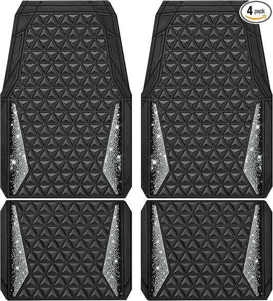 CAR PASS Bling Diamond Car Mats Rubber Floor Mats Full Set Anti-Slip 3D Rhombus Waterproof Trim to Fit Liner Universal Glitter Crystal Sparkly Shining Rhinestone Girl Women SUV Sedan Van, Black Silver
