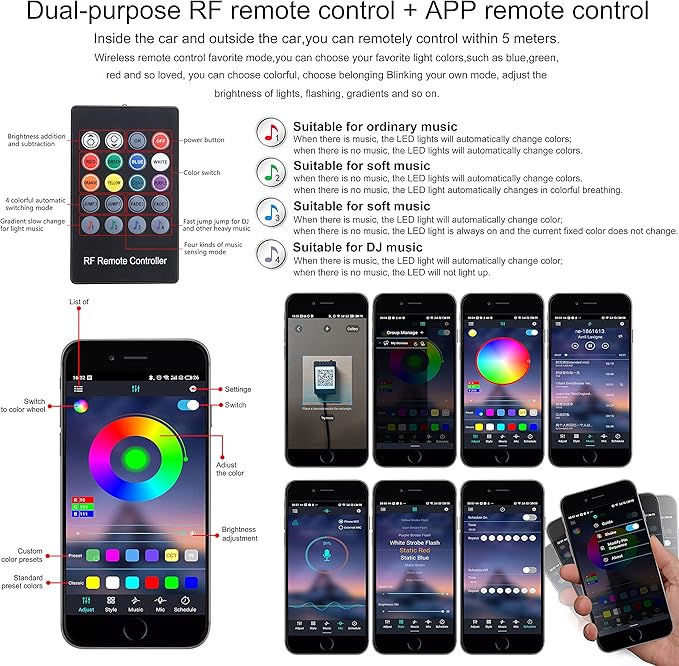 Car Interior Ambient Lighting Optic Fiber RGB 64 Colors Multicoloured Music Car Footwell Lighting Kit with Cigarette Lighter and App Microphone, 12-24V 8m