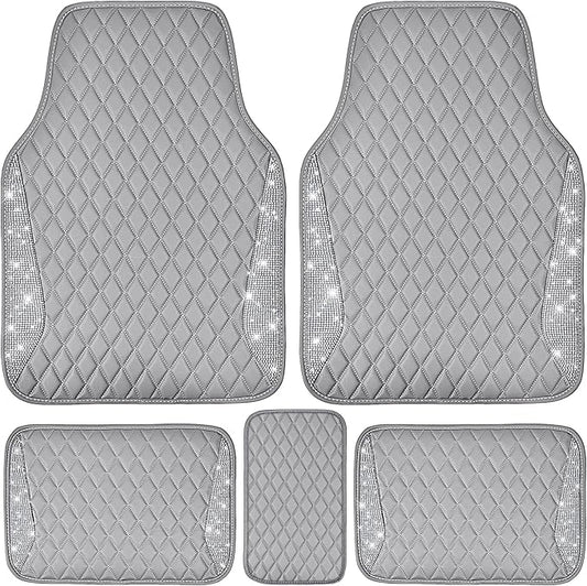 CAR PASS Bling Diamond Car Mats Gray Leather Floor Mats Sparkly Glitter Crystal Shining Rhinestone Carpet Anti-Slip Waterproof Pad Universal Fit for Automotive SUV Sedan Van 5pcs for Girl Women Gray