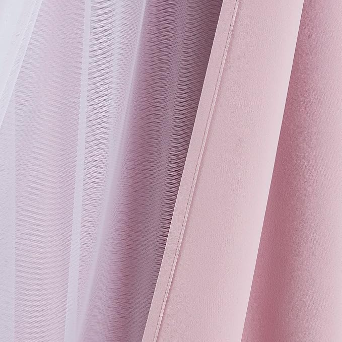 Bujasso Pink Blackout Curtains with Sheer Overlay Mix and Match Double Layer 80% Room Darkening Window Treatment Set for Girls Bedroom Living Room Pink Drapes with Tiebacks Grommet Top 54" Wx84 Lx2