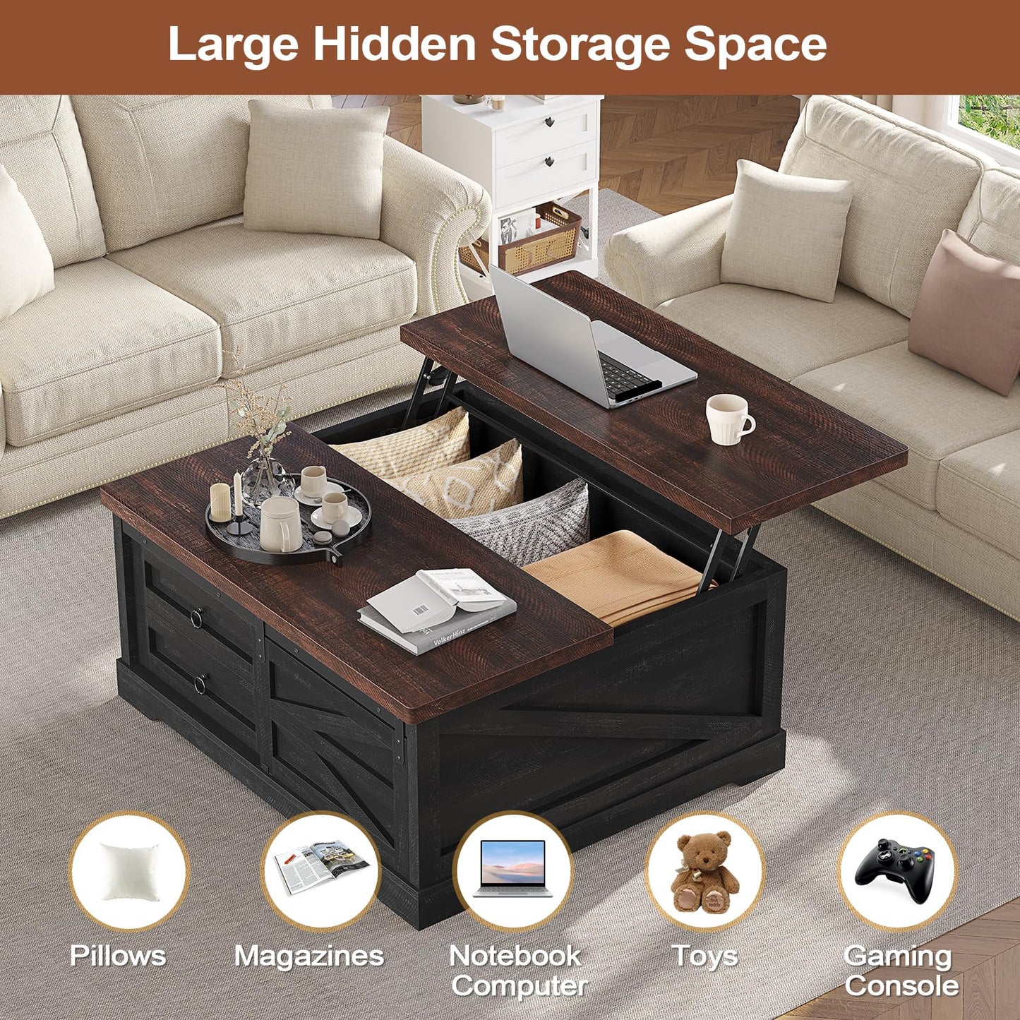 Itaar 39.4'' Lift Top Coffee Table with Storage, Farmhouse Coffee Tables for Living Room, Square Coffee Table with Large Hidden Compartment & 2 Drawers & Adjustable Shelves, Black