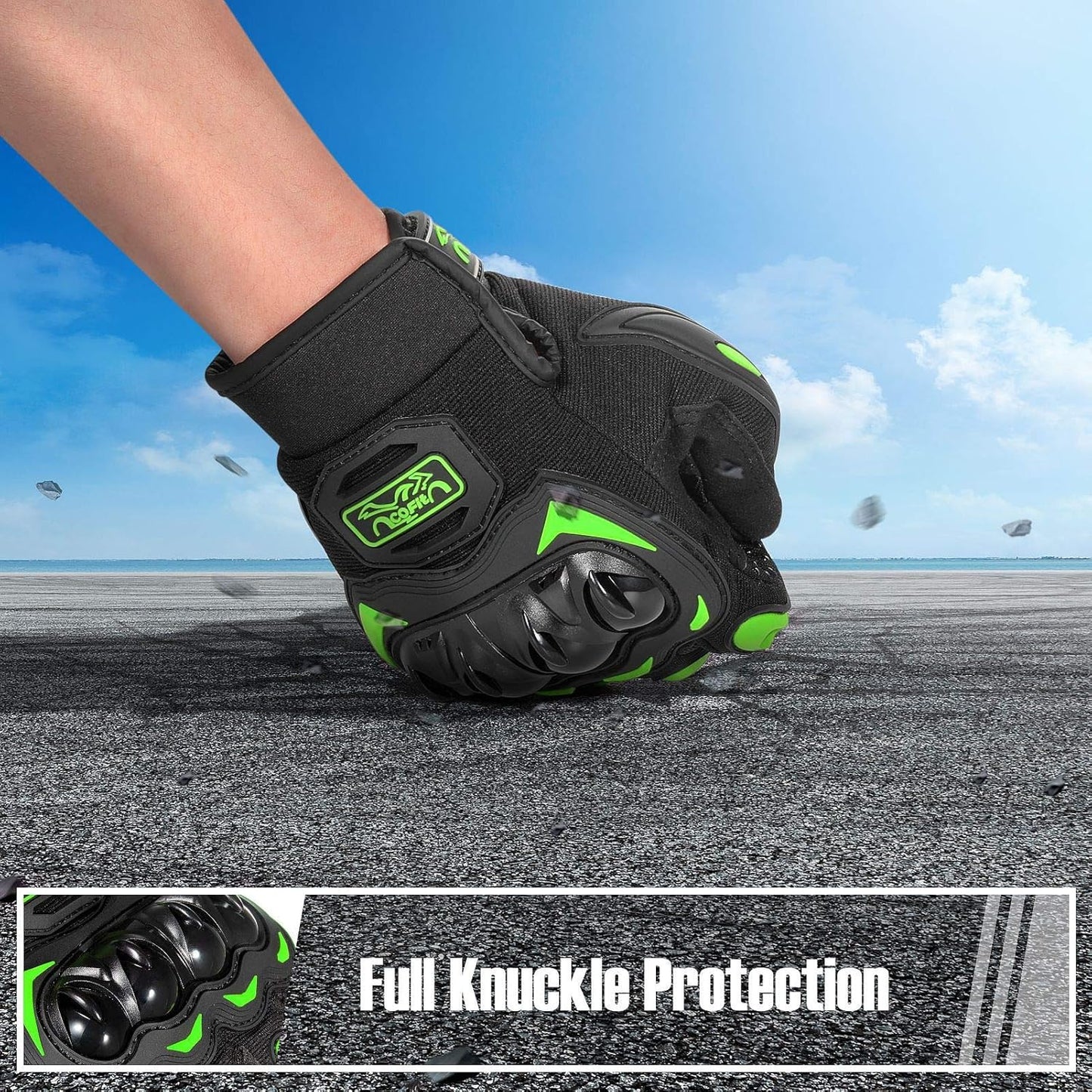 COFIT Motorcycle Gloves Breathable, Touchscreen Motorbike Gloves Anti-Slip with Good Grip Hard Knuckles Protection for Men Women Motocross, BMX ATV MTB Cycling, Road Racing - Green L