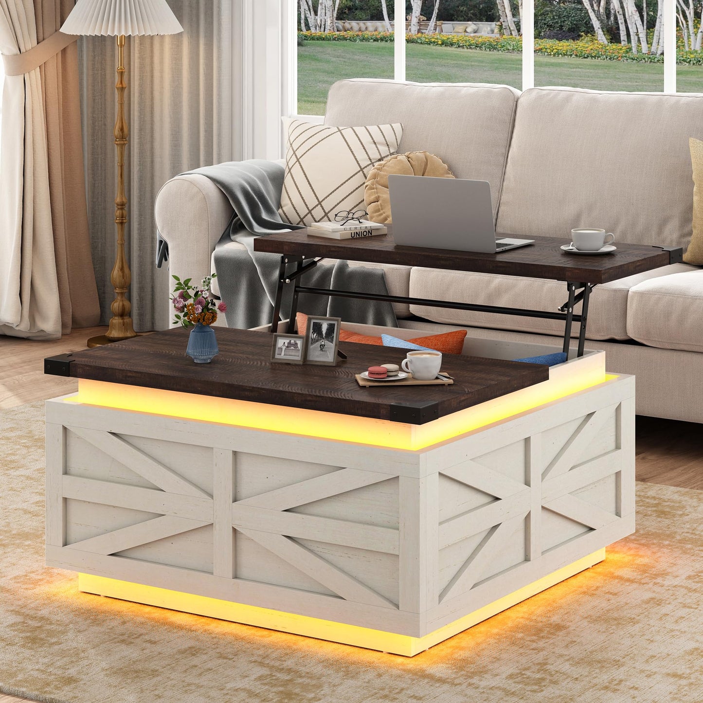 Large Farmhouse Lift Top Coffee Table with Hidden Storage Compartment, Wood Square Center Table with Charging Station&USB Ports for Living Room, White
