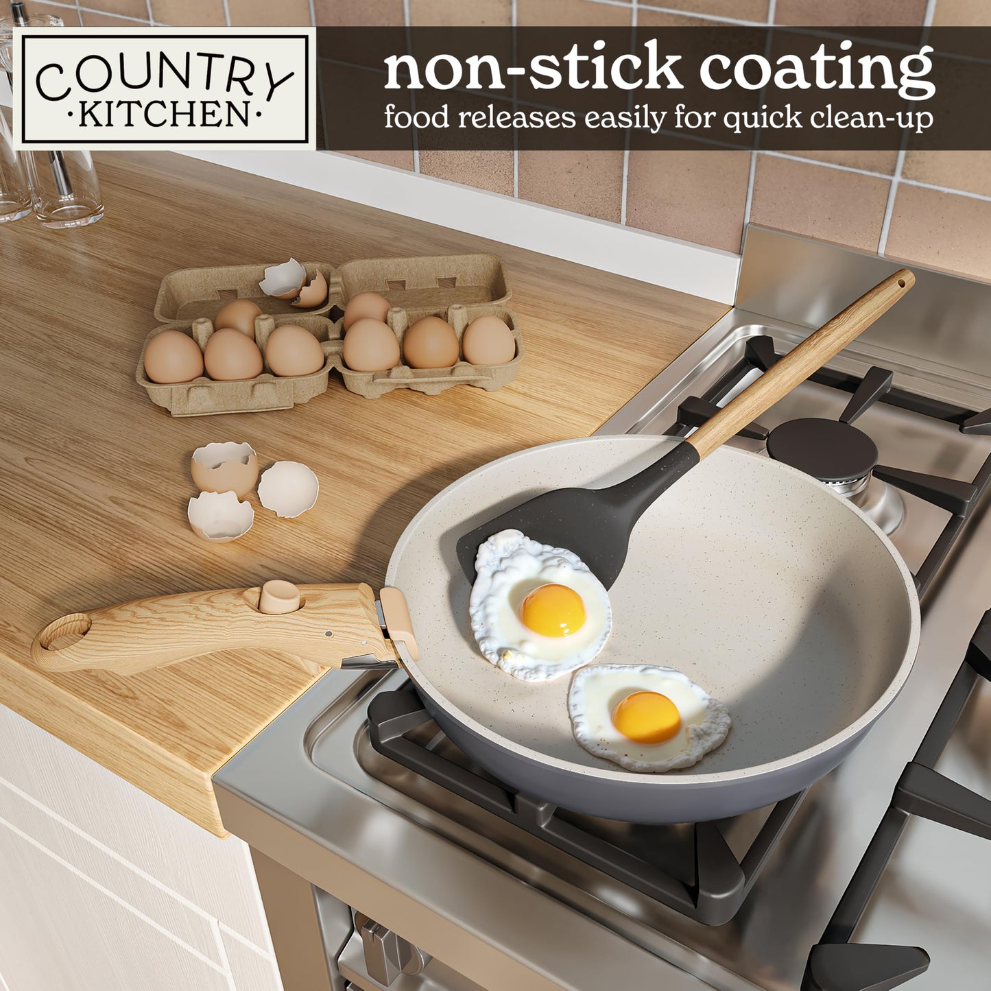 Country Kitchen Cookware Set with Removable Handle, Oven & RV Safe Pots and Pans Set, Grey/Ivory Wood Handle, Original