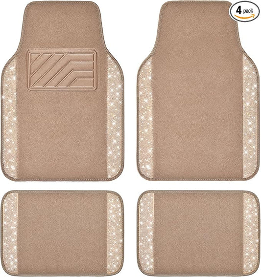 CAR PASS Bling Car Mats Shining Diamond Carpet Crystal Rhinestones Sparkly Glitter Floor Mats with Anti-Slip PVC Heel Pad Universal Fit for Automotive SUV, Sedan, Car, Van, 4pcs for Girl Women, Beige