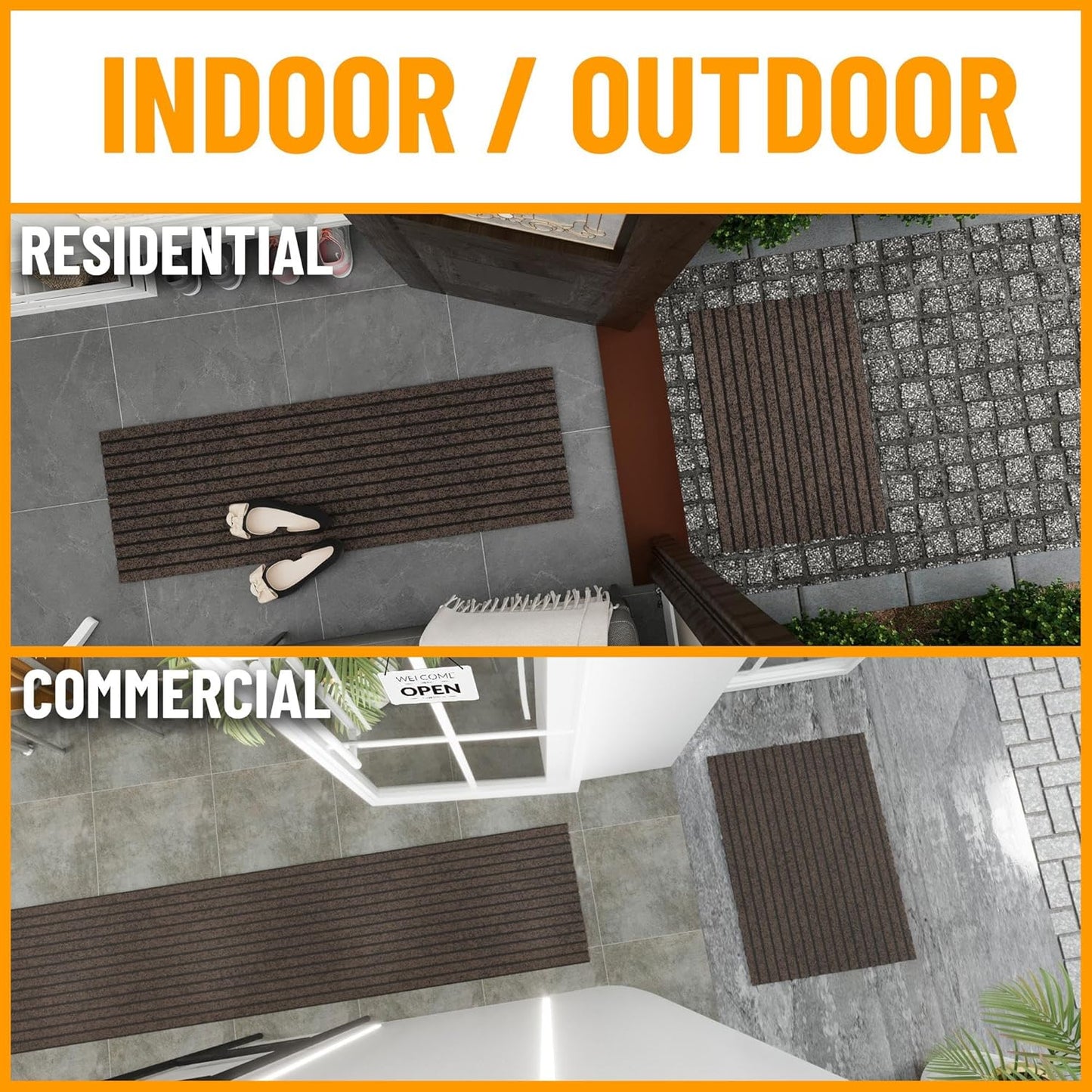 Ottomanson 2'7" x 30' Hallway Runner with Scraper Pile - Extra Durable Non-Slip Rug Mat for Indoor & Outdoor Use - Ideal for Kitchen, Entryway & Garage - High-Traffic Carpet, Brown