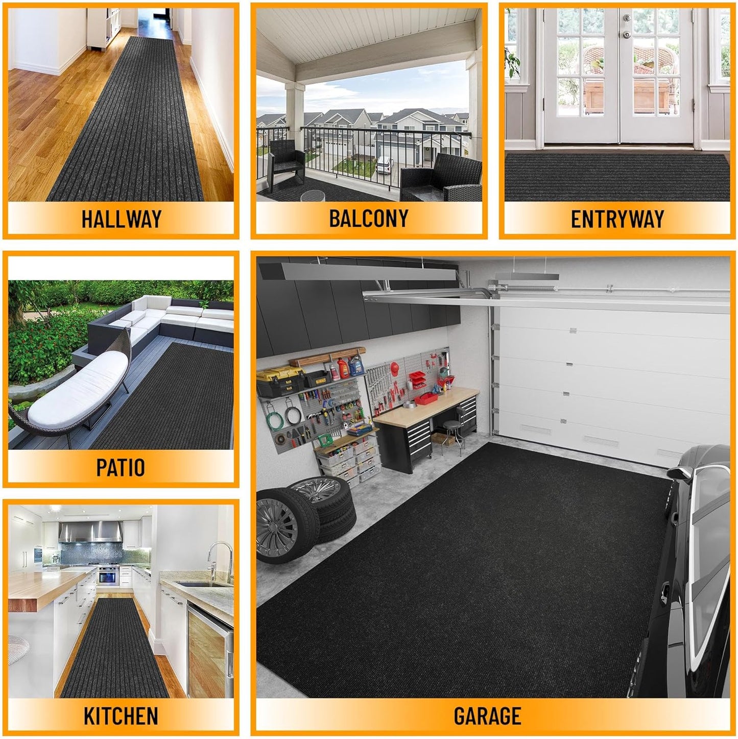Ottomanson 2' x 17' Hallway Runner with Scraper Pile Extra Durable Non-Slip Rug Mat for Indoor & Outdoor Use - Ideal for Kitchen, Entryway, Patio & Garage - High-Traffic Carpet, Black