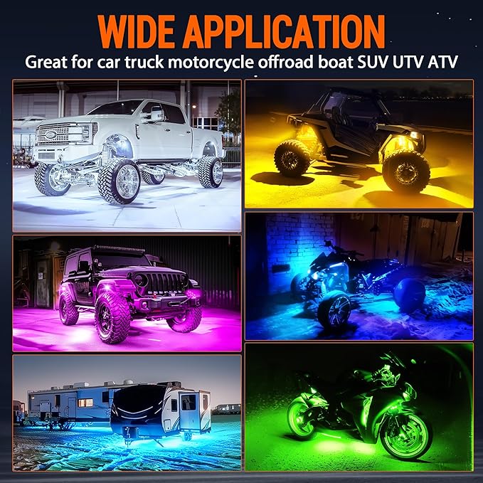 RGB Rock Lights, 8 pods Underglow Neon Lights Kits，APP/RF Remote Control & Music Mode, Waterproof Wireless Multicolor Lamps for Off Road Truck SUV ATV UTV Boat