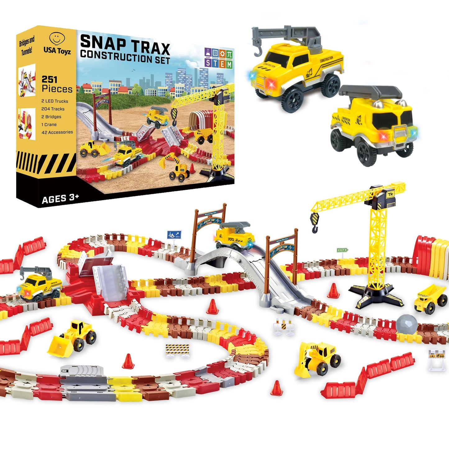 USA Toyz Glow Tracks Starter Kit Race Tracks and 2 LED Toy Cars - 216pk Glow in The Dark Bendable Flexible Rainbow Race Track Set with 2 Light Up Car Toys, STEM Building Toys for Boys and Girls
