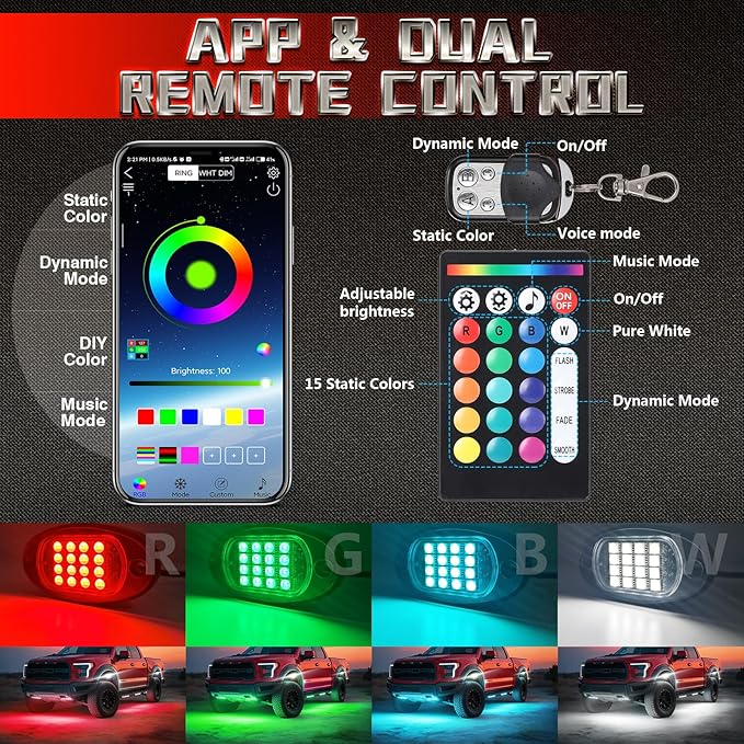 16 Pods RGBW LED Rock Lights for Trucks Offroad Pickup Trailer Sedan SUV Cars, Waterproof Multicolor Neon Underglow Kit with Bluetooth APP/RF Remote, Vehicle Accent Underbody Light Underneath 12V