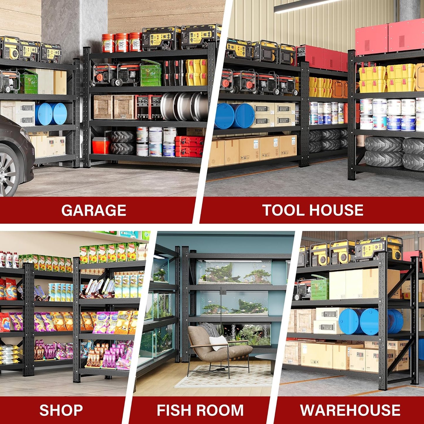 71.3" Wide Heavy Duty Garage Shelving Units,5000LBS Deep Storage Shelves,Black Metal Garage Shelves,Steel Shelf,Large Storage Rack,Industrial Shelving for Shop,Warehouse,Basement,71.3"W x 24"D x 70"H