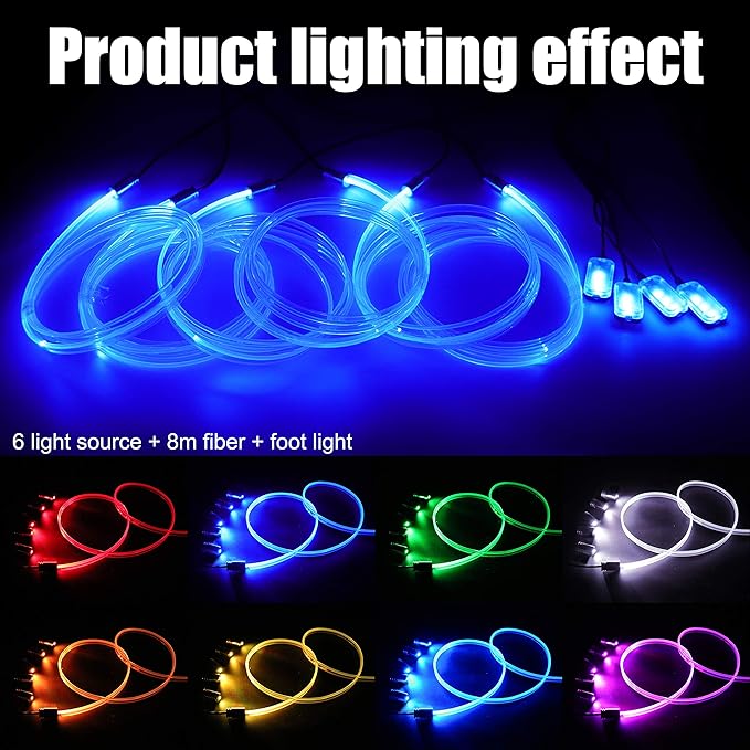 8 m Optic Fiber Car Ambient Lighting Kit RF Remote Control 64 Colors Multicoloured Music Interior Footwell Lighting Kit 12V 1W