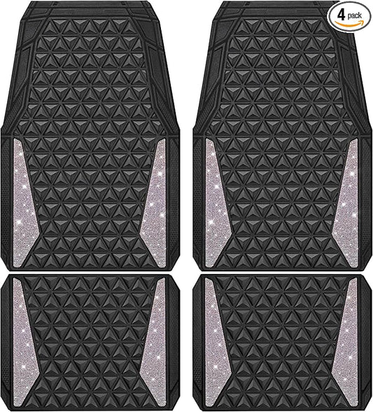 CAR PASS Bling Diamond Car Mats Rubber Floor Mats Full Set Anti-Slip 3D Rhombus Waterproof Trim Fit Liner Universal Glitter Crystal Sparkly Shining Rhinestone Girl Women SUV Sedan, Multicolor Diamond