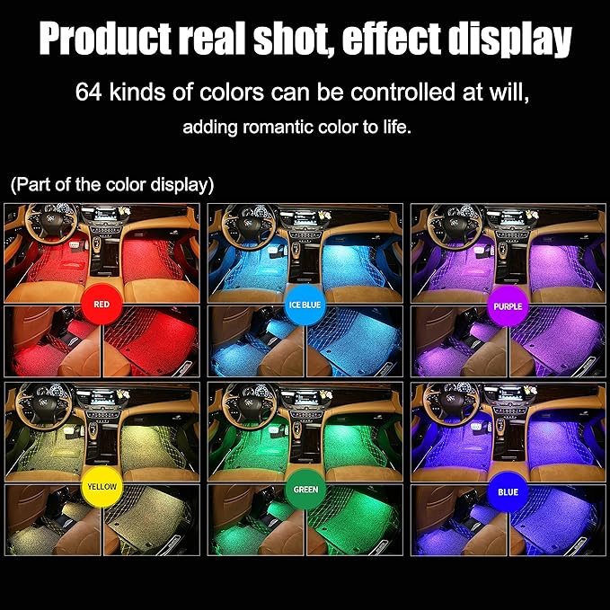 RGB Car Footwell Ambient Lighting Kit Car Charger + USB 16.7 Millions Colors Sound Active Music Sync APP Control + RF Remote Controller Car Interior Multicolored Footwell Atmosphere Light
