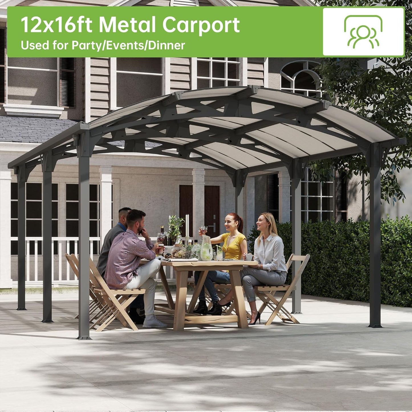 Real Relax 12x16ft Heavy Duty Metal Carport, Arch-Roof Polycarbonate Roof Panels Canopy, Outdoor Garage Car Tent Shelter for Boats and Truck,Gray