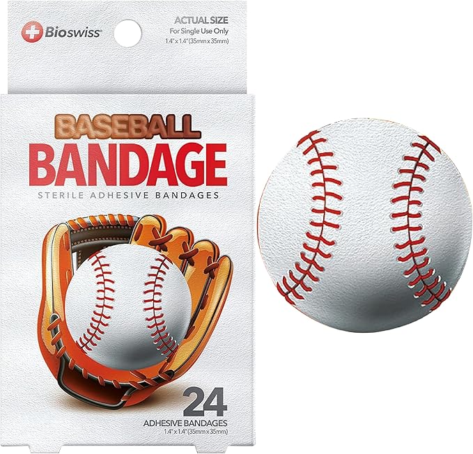 BioSwiss Bandages, Baseball Shaped Self Adhesive Bandage, Latex Free Sterile Wound Care, Fun First Aid Kit Supplies for Kids, 24 Count