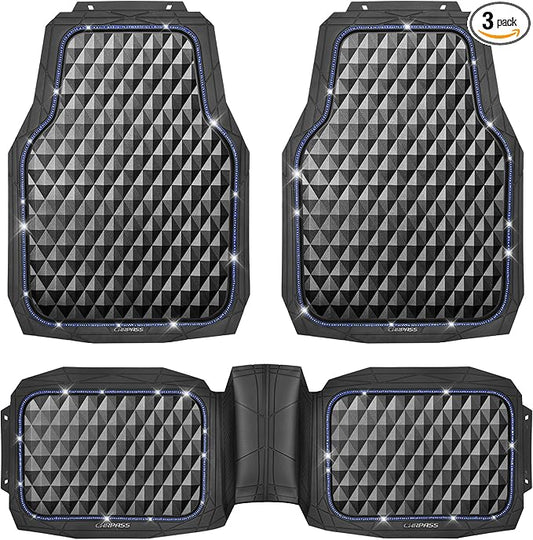 CAR PASS Bling Diamond Rubber Car Mats, Heavy Duty Deep Dish All-Weather Floor Mat Full Set Anti-Slip 3D Rhombus Waterproof Trim to Fit Liner Universal Glitter Sparkly Shining Rhinestone, Black Blue