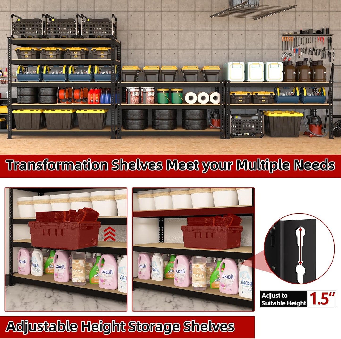5-Shelf Heavy Duty Shelving - Adjustable Garage Storage Shelves, Metal Utility Storage Racks for Warehouse Pantry Basement Kitchen, Garage Organizers Shef Unit, Black, Packs of 2