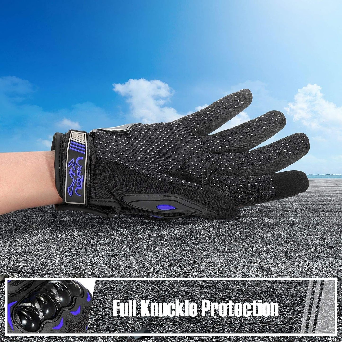 COFIT Motorcycle Gloves Breathable, Touchscreen Motorbike Gloves Anti-slip with Good Grip Hard Knuckles Protection for Men Women Motocross, BMX ATV MTB Cycling, Road Racing - Blue L