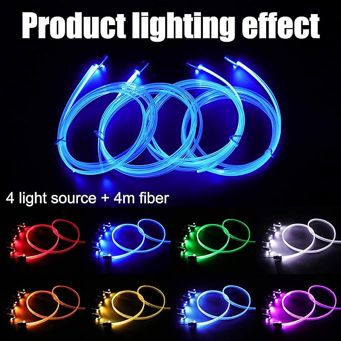 Car Ambient Lighting Optic Fiber 64 Colors Music Sound Active with RF Remote Control + APP Control Car Decorative Atmosphere Lighting Kit DC 12V 1W 4m