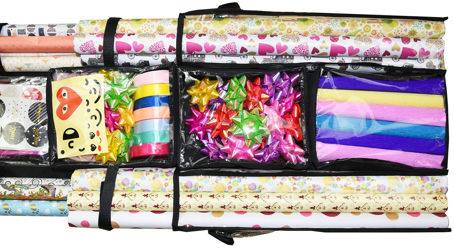 Freegrace Double Sided Hanging Gift Wrap Organizer | Large 16" x 41" Wrapping Paper Rolls Storage Bag | Tearproof & Space Saving Closet Gift Bag Organization Solution (Black)