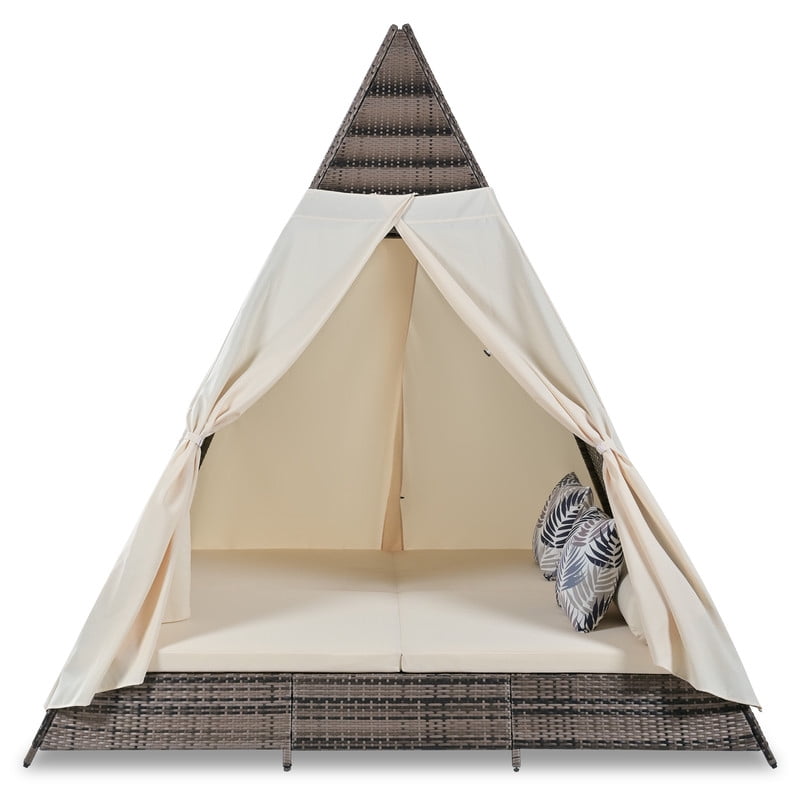 Bellemave Outdoor Sunbed With Pillows, Tent Shape Wicker Patio Daybed, 90.5" Length Lounge Bed for Patio Lawn Garden Backyard Porch Pool (Brown and Beige)