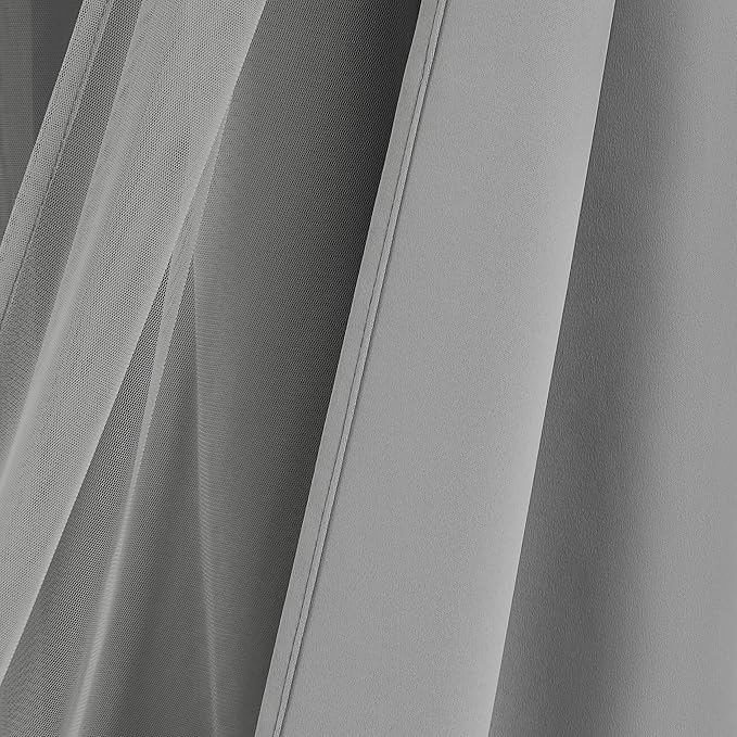Bujasso Grey 90% Blackout Curtains with Sheer Overlay Mix and Match Double Layer Window Curtains Thermal Insulated 95 inch for Living Room Bedroom Gray Drapes with Tiebacks Grommet Top 37" Wx95 Lx2