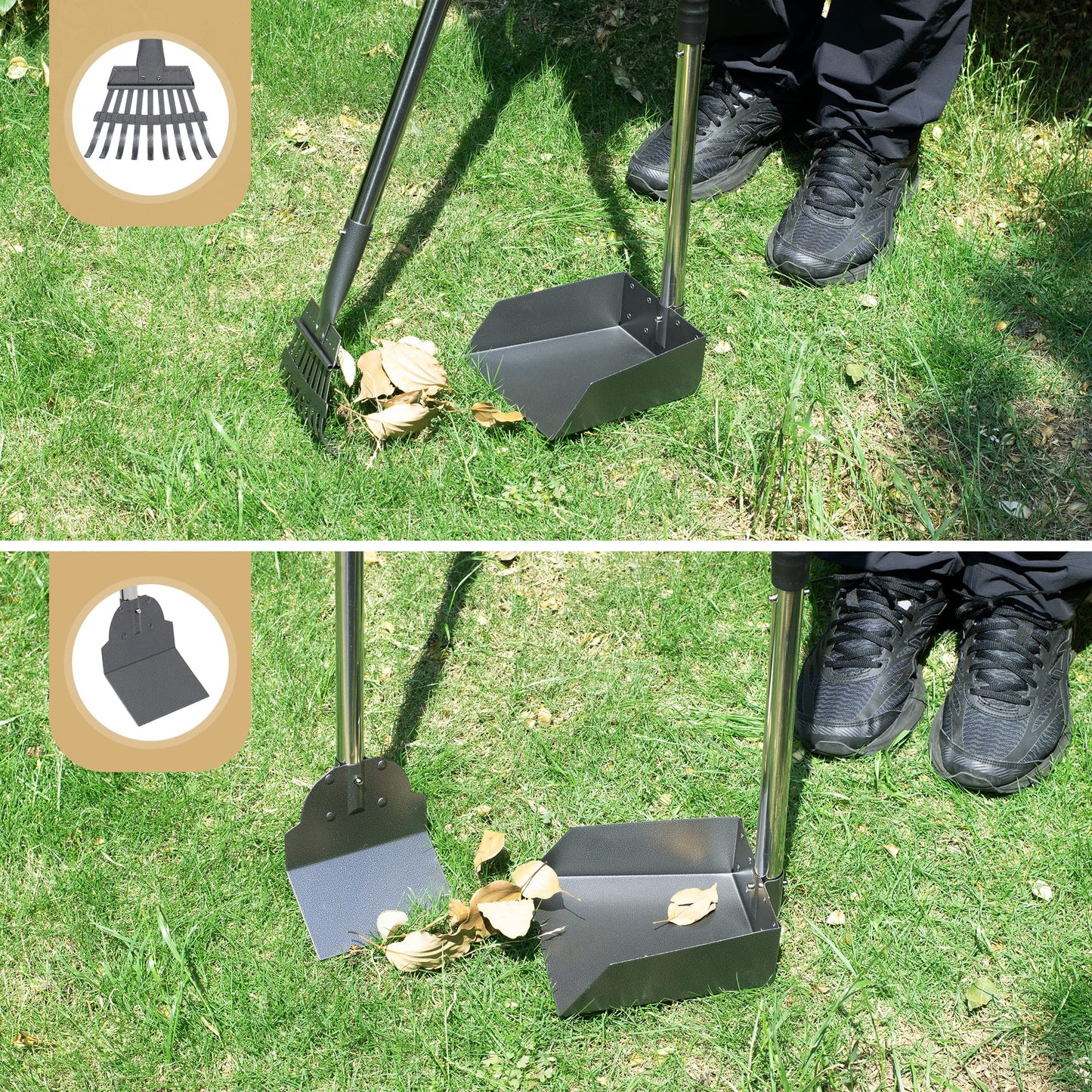 Heeyoo Dog Pooper Scooper, Dog Poop Tray and Rake Set, Pet Waste Removal Scoop with Long Adjustable Sectional Stainless Handles
