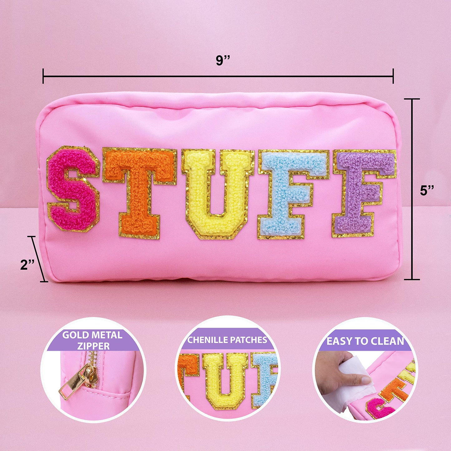Fablinks Preppy Stuff Bag, Chenille Varsity Letter Makeup Pouch, Pink Nylon Skin Care Zipper Patch Bags Organizer for Women, Travel Make Up Skincare Cosmetic Stocking Stuffers