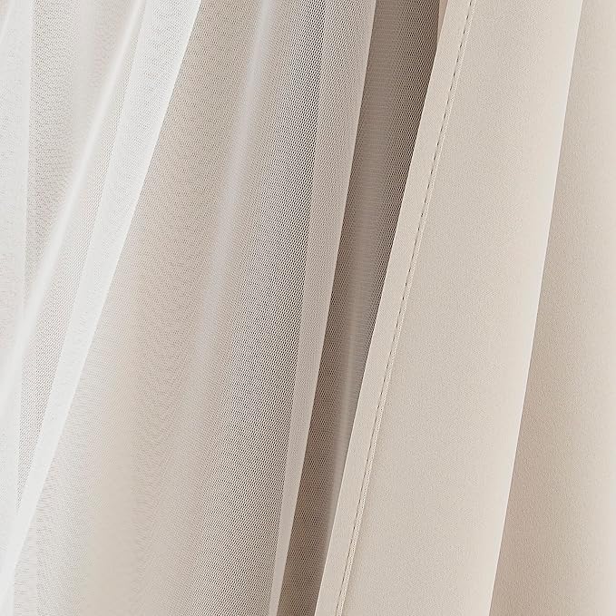 Bujasso Beige 80% Blackout Curtains with Sheer Overlay Mix and Match Double Layer Thermal Insulated Window Panels 63 inch for Living Room Bedroom Beige Drapes with Tiebacks Grommet Top 37" Wx63 Lx2