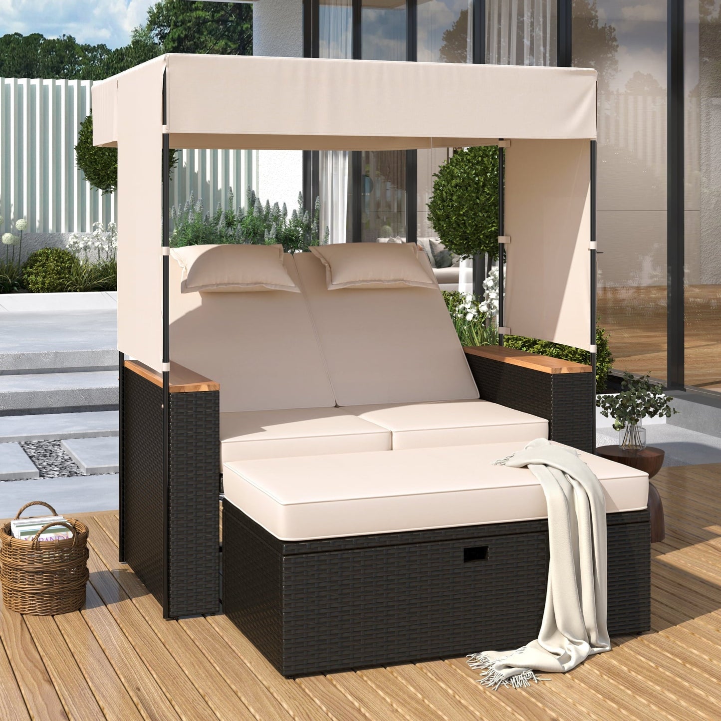Euroco Outdoor Rattan Daybed with Adjustable Canopy and Backrest, Convertible Lounge Chair with Ottoman Bench & Cushions, PE Wicker Patio Recliner for Garden, Deck, Poolside