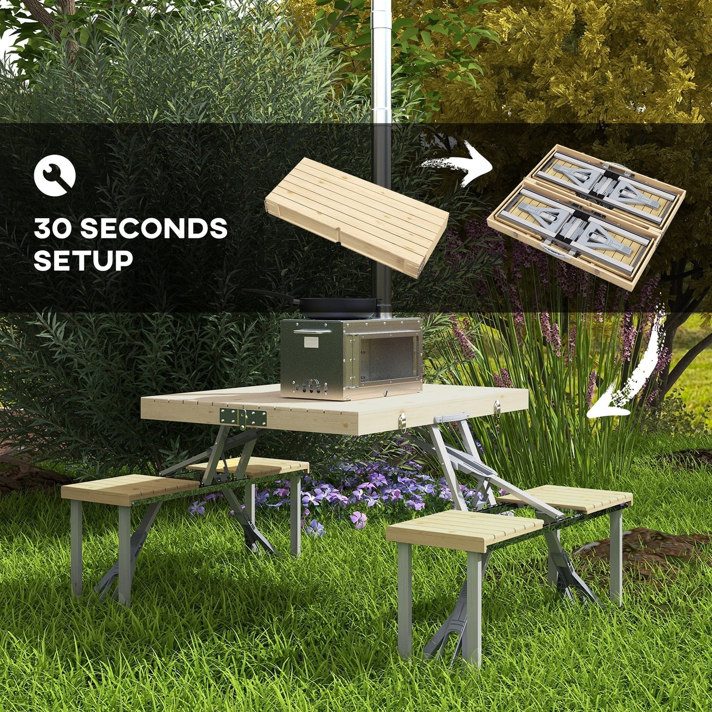 Outsunny Portable Folding Picnic Table with Built-in Umbrella Hole and Aluminum Frame, Includes 2 Foldable Wood Chairs for Patio, Yard & Beach